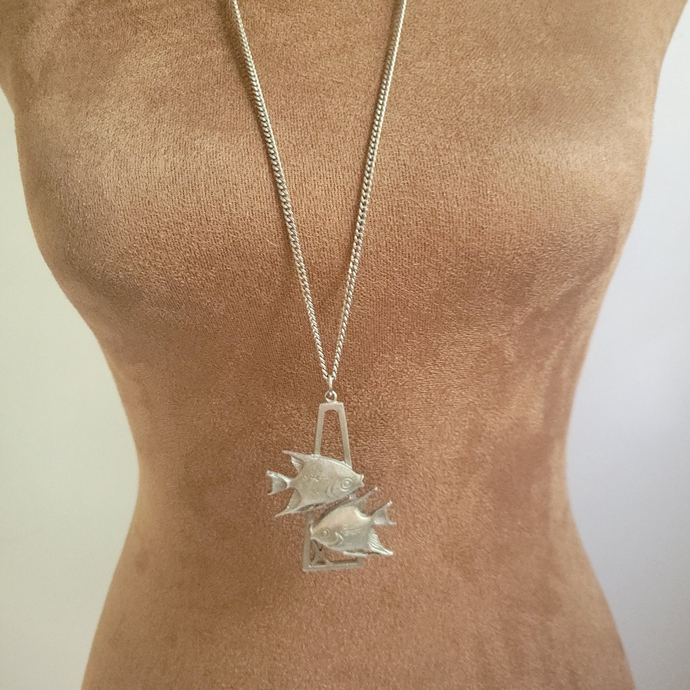Vintage Pisces Zodiac Fish Pendant Genuine Pewter 24in Necklace Size L